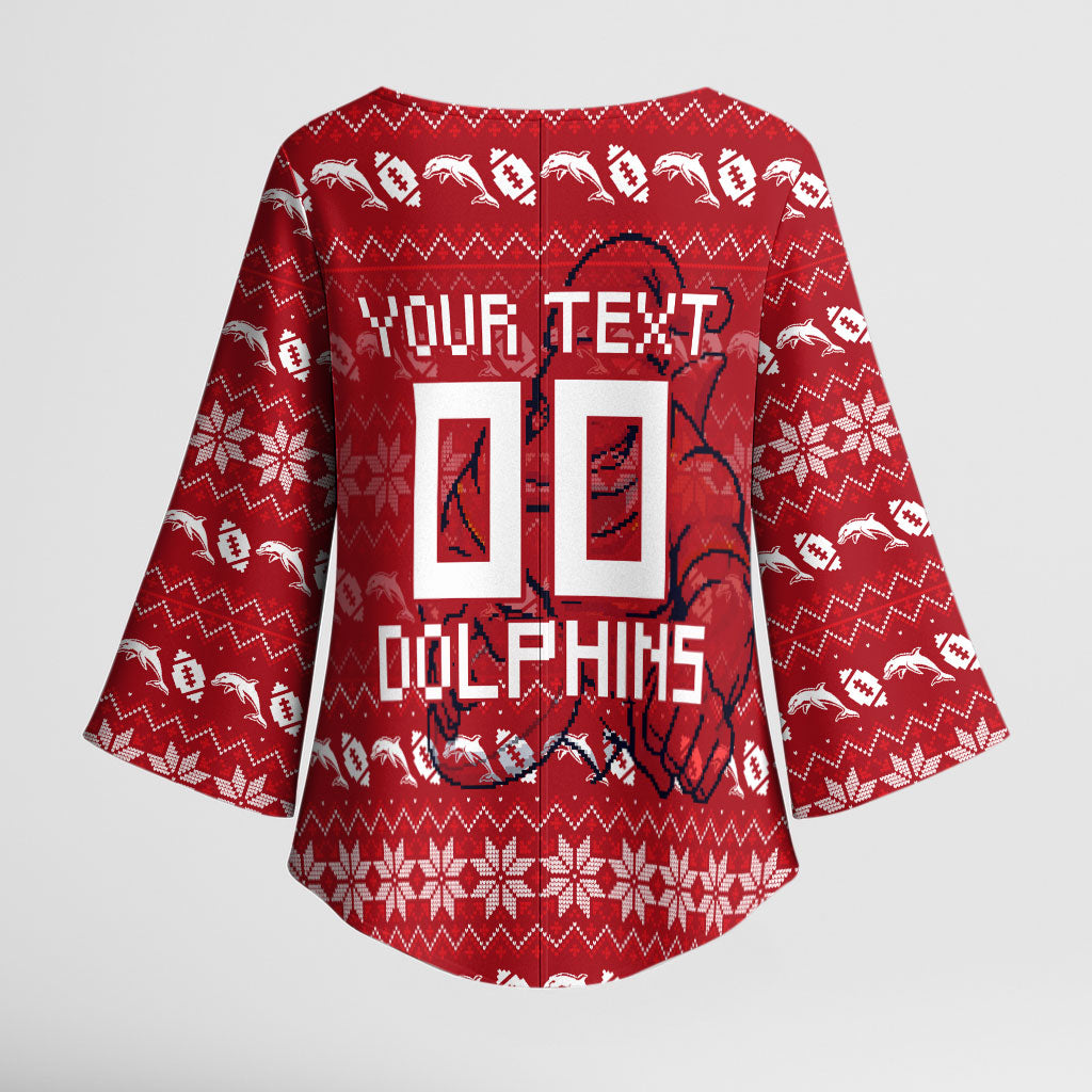 Personalized Dolphins Christmas Kimono Sleeve Blouse Australian Rugby Fans - Pixelated Ugly Xmas Pattern Mascot Santa