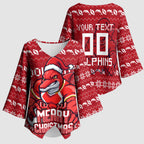 Personalized Dolphins Christmas Kimono Sleeve Blouse Australian Rugby Fans - Pixelated Ugly Xmas Pattern Mascot Santa