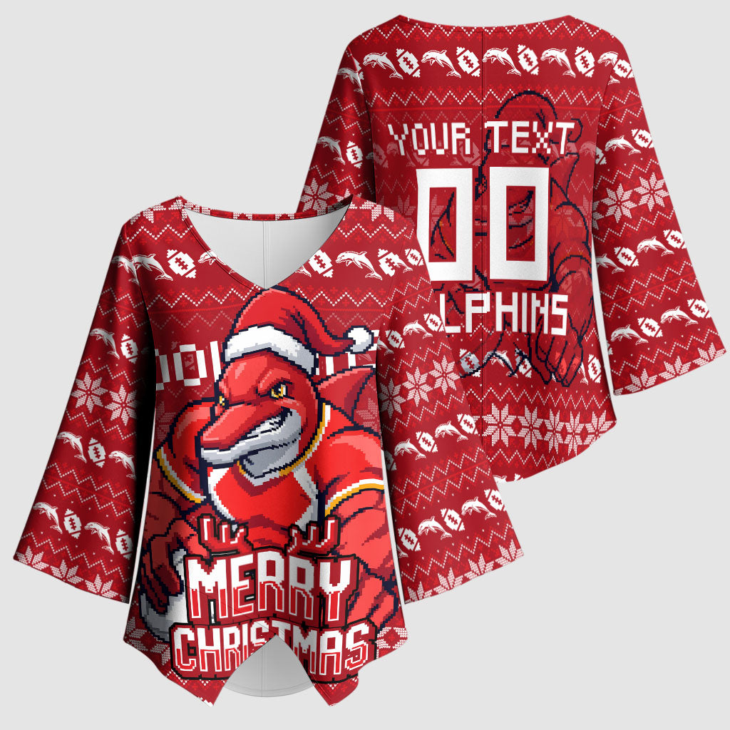 Personalized Dolphins Christmas Kimono Sleeve Blouse Australian Rugby Fans - Pixelated Ugly Xmas Pattern Mascot Santa