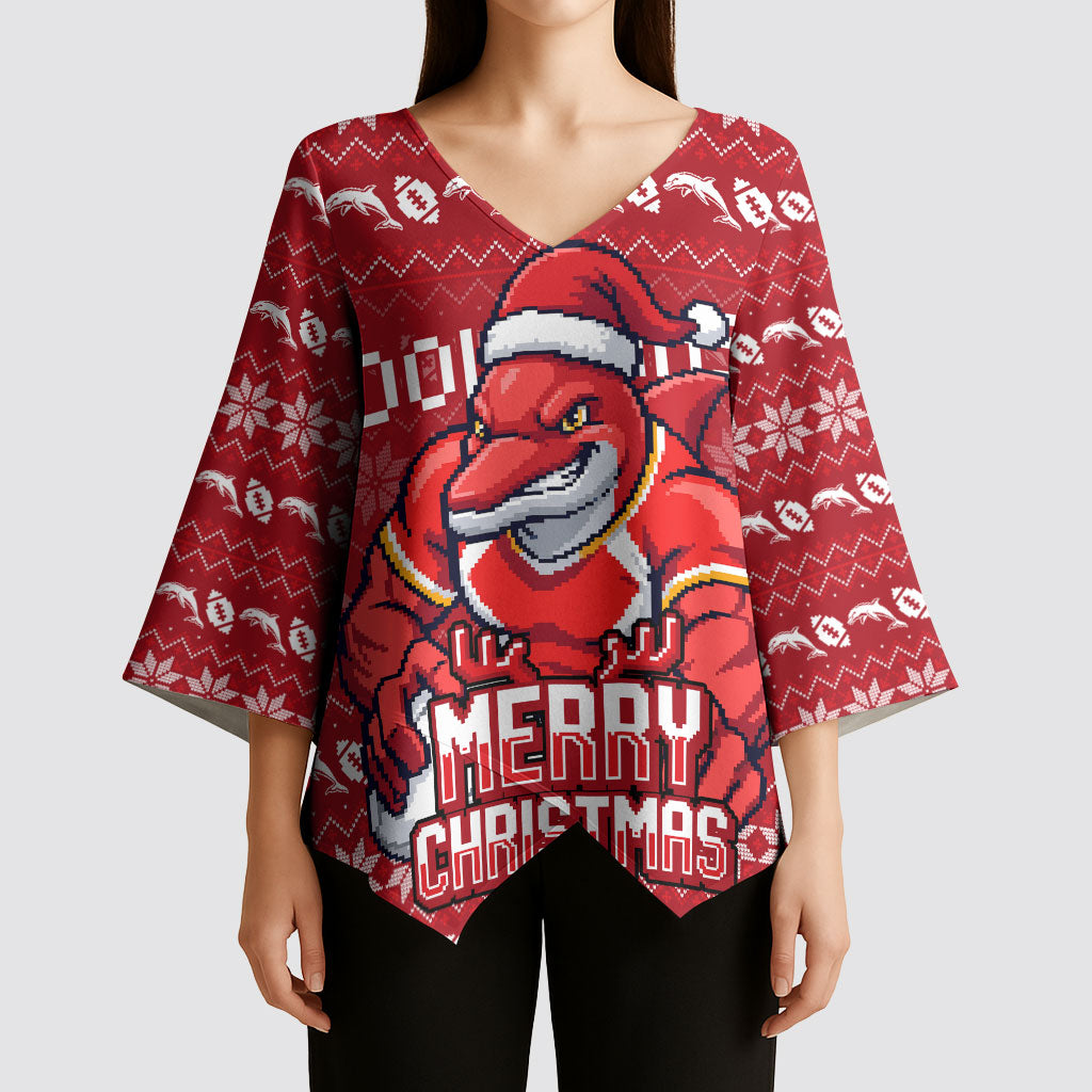 Personalized Dolphins Christmas Kimono Sleeve Blouse Australian Rugby Fans - Pixelated Ugly Xmas Pattern Mascot Santa