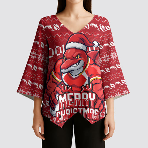 Personalized Dolphins Christmas Kimono Sleeve Blouse Australian Rugby Fans - Pixelated Ugly Xmas Pattern Mascot Santa