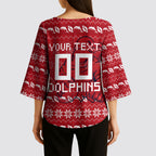 Personalized Dolphins Christmas Kimono Sleeve Blouse Australian Rugby Fans - Pixelated Ugly Xmas Pattern Mascot Santa