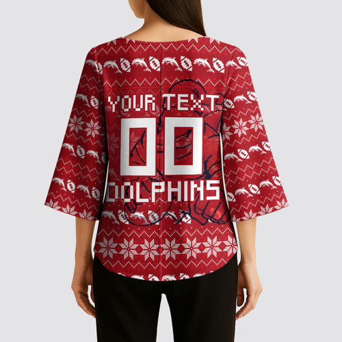 Personalized Dolphins Christmas Kimono Sleeve Blouse Australian Rugby Fans - Pixelated Ugly Xmas Pattern Mascot Santa