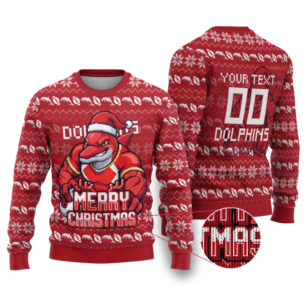 Personalized Dolphins Christmas Ugly Christmas Sweater Australian Rugby Fans - Pixelated Ugly Xmas Pattern Mascot Santa