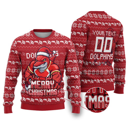 Personalized Dolphins Christmas Ugly Christmas Sweater Australian Rugby Fans - Pixelated Ugly Xmas Pattern Mascot Santa