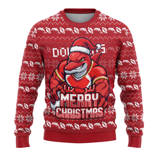 Personalized Dolphins Christmas Ugly Christmas Sweater Australian Rugby Fans - Pixelated Ugly Xmas Pattern Mascot Santa