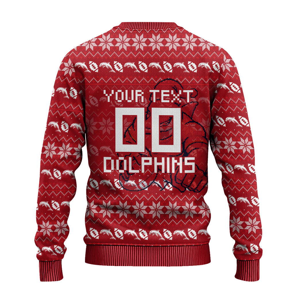 Personalized Dolphins Christmas Ugly Christmas Sweater Australian Rugby Fans - Pixelated Ugly Xmas Pattern Mascot Santa