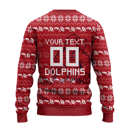 Personalized Dolphins Christmas Ugly Christmas Sweater Australian Rugby Fans - Pixelated Ugly Xmas Pattern Mascot Santa