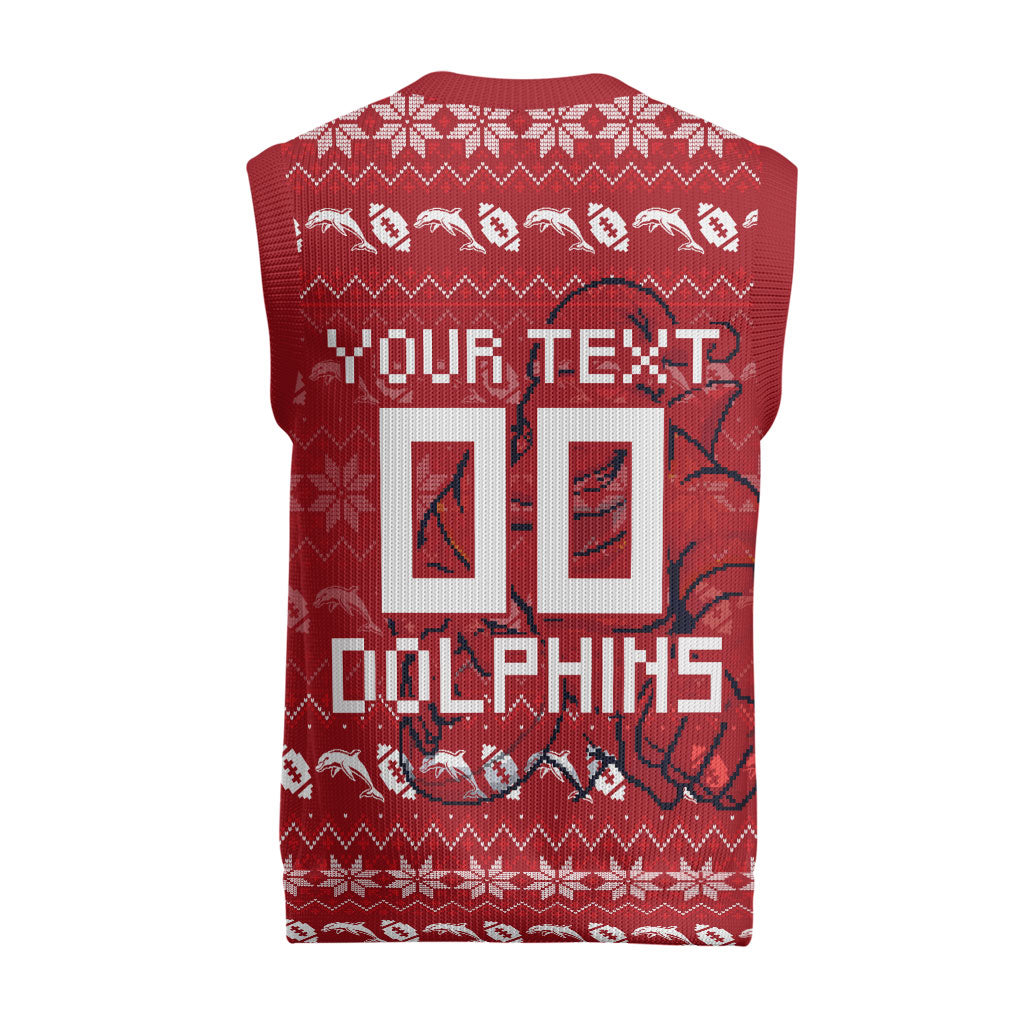 Personalized Dolphins Christmas Knitted V-Neck Vest Australian Rugby Fans - Pixelated Ugly Xmas Pattern Mascot Santa