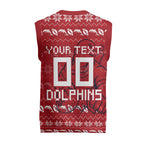 Personalized Dolphins Christmas Knitted V-Neck Vest Australian Rugby Fans - Pixelated Ugly Xmas Pattern Mascot Santa