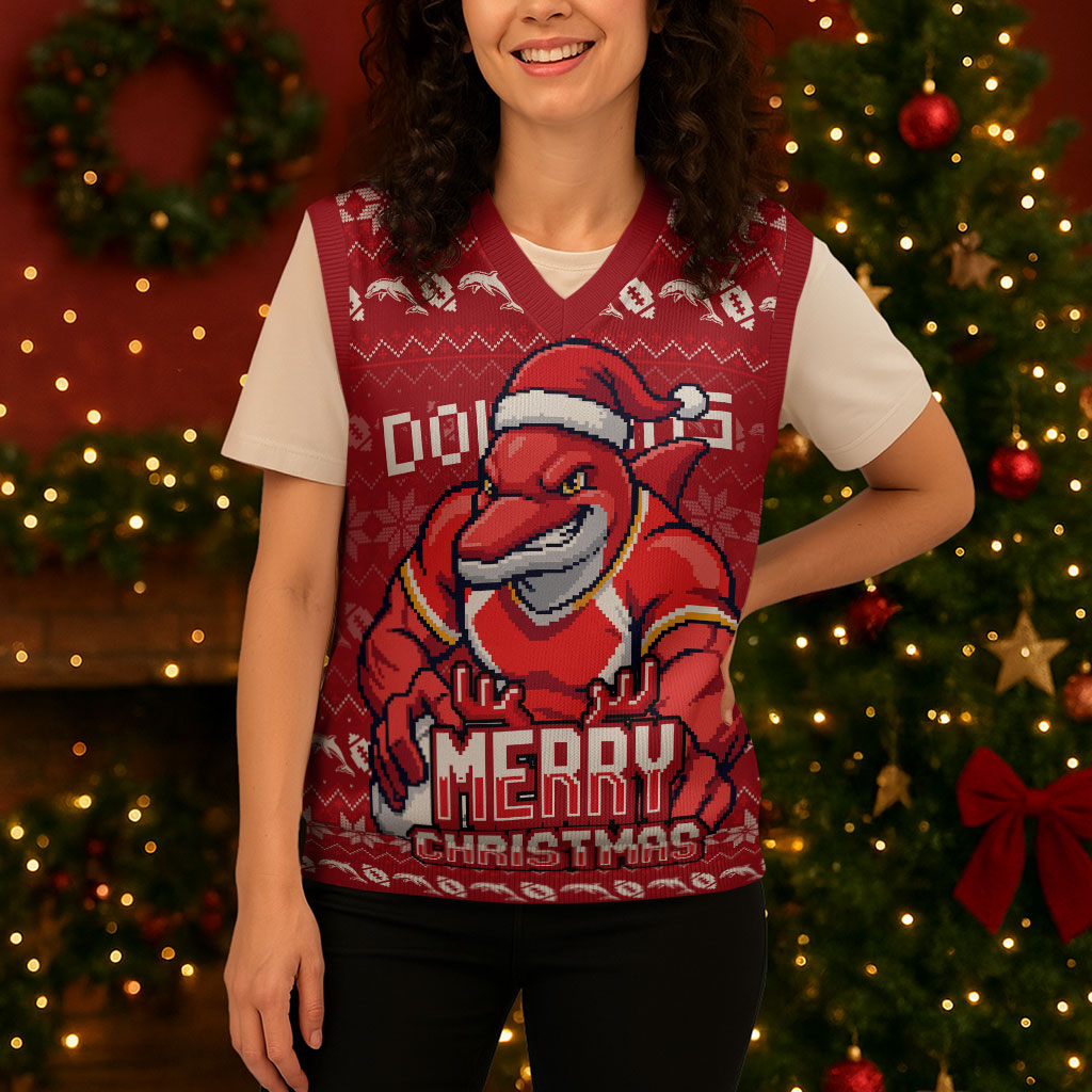 Personalized Dolphins Christmas Knitted V-Neck Vest Australian Rugby Fans - Pixelated Ugly Xmas Pattern Mascot Santa