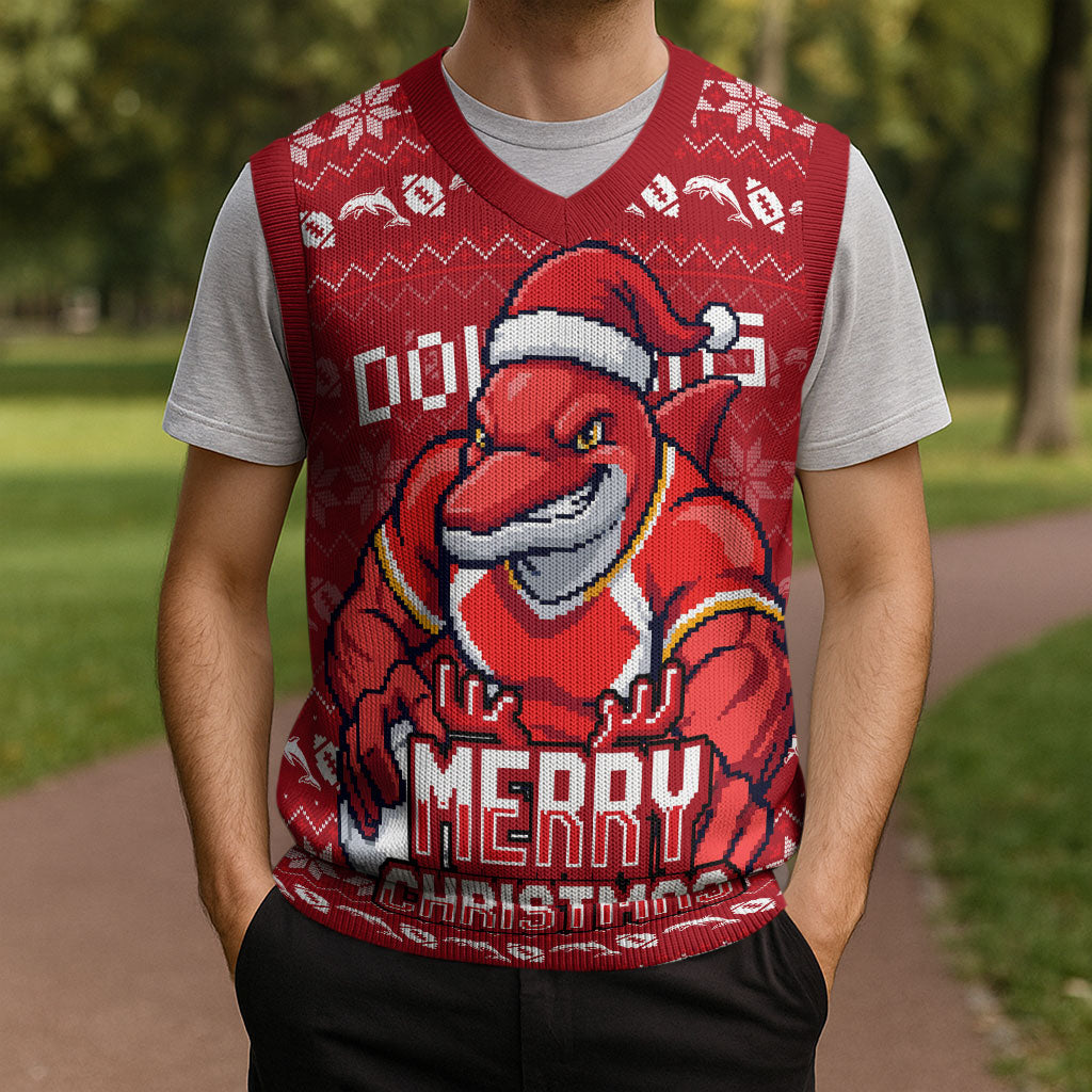 Personalized Dolphins Christmas Knitted V-Neck Vest Australian Rugby Fans - Pixelated Ugly Xmas Pattern Mascot Santa
