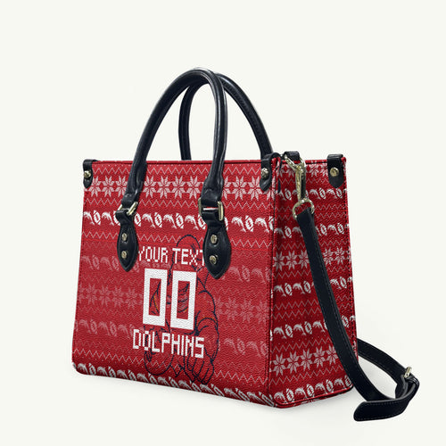 Personalized Dolphins Christmas Leather Bag Australian Rugby Fans - Pixelated Ugly Xmas Pattern Mascot Santa