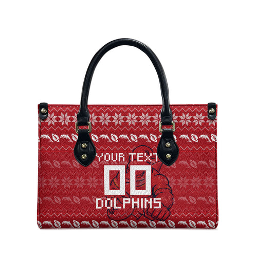 Personalized Dolphins Christmas Leather Bag Australian Rugby Fans - Pixelated Ugly Xmas Pattern Mascot Santa