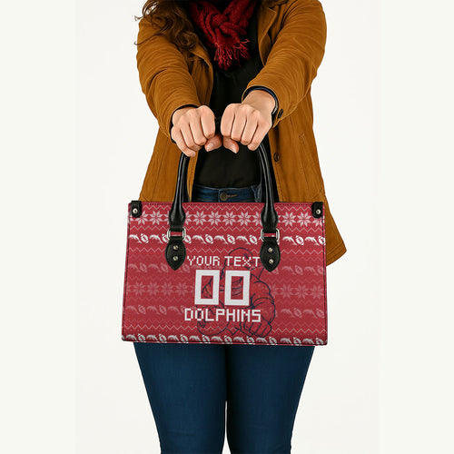 Personalized Dolphins Christmas Leather Bag Australian Rugby Fans - Pixelated Ugly Xmas Pattern Mascot Santa