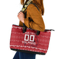 Personalized Dolphins Christmas Leather Tote Bag Australian Rugby Fans - Pixelated Ugly Xmas Pattern Mascot Santa