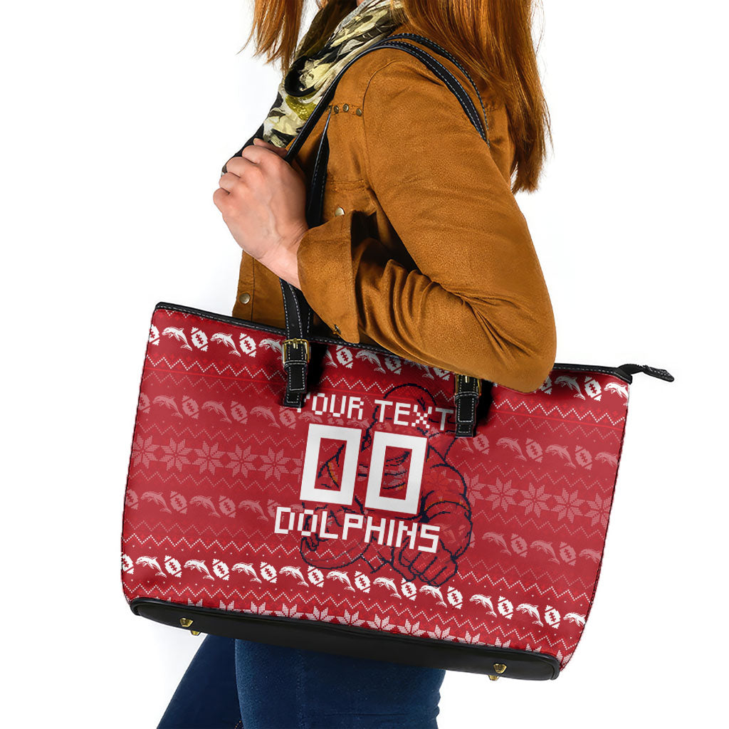 Personalized Dolphins Christmas Leather Tote Bag Australian Rugby Fans - Pixelated Ugly Xmas Pattern Mascot Santa