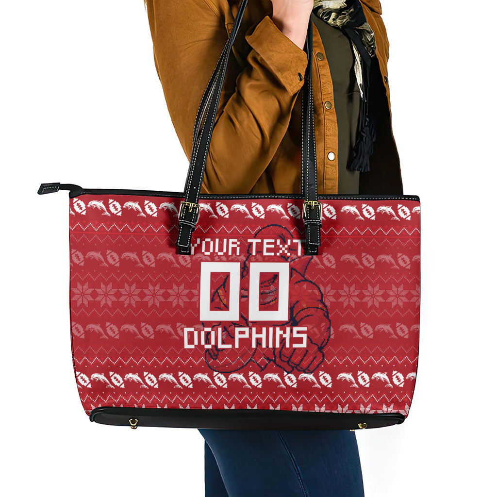 Personalized Dolphins Christmas Leather Tote Bag Australian Rugby Fans - Pixelated Ugly Xmas Pattern Mascot Santa