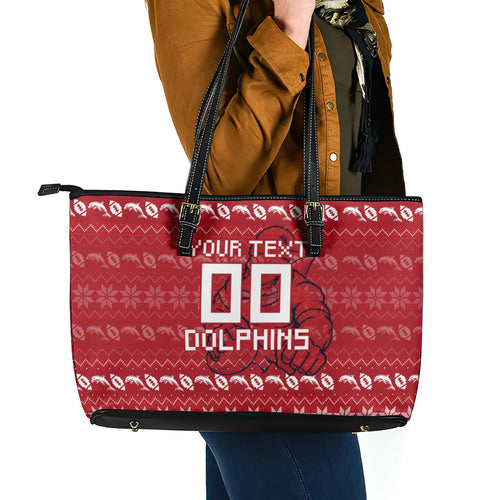Personalized Dolphins Christmas Leather Tote Bag Australian Rugby Fans - Pixelated Ugly Xmas Pattern Mascot Santa