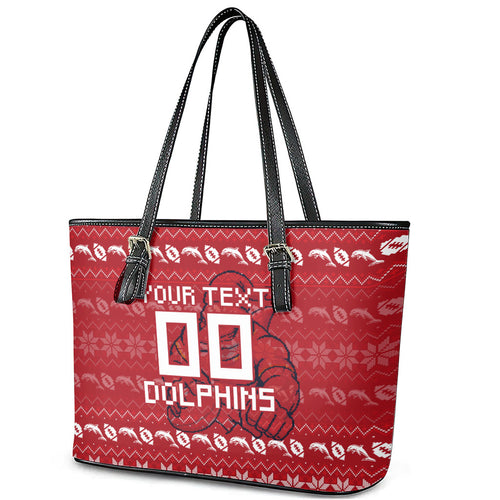 Personalized Dolphins Christmas Leather Tote Bag Australian Rugby Fans - Pixelated Ugly Xmas Pattern Mascot Santa