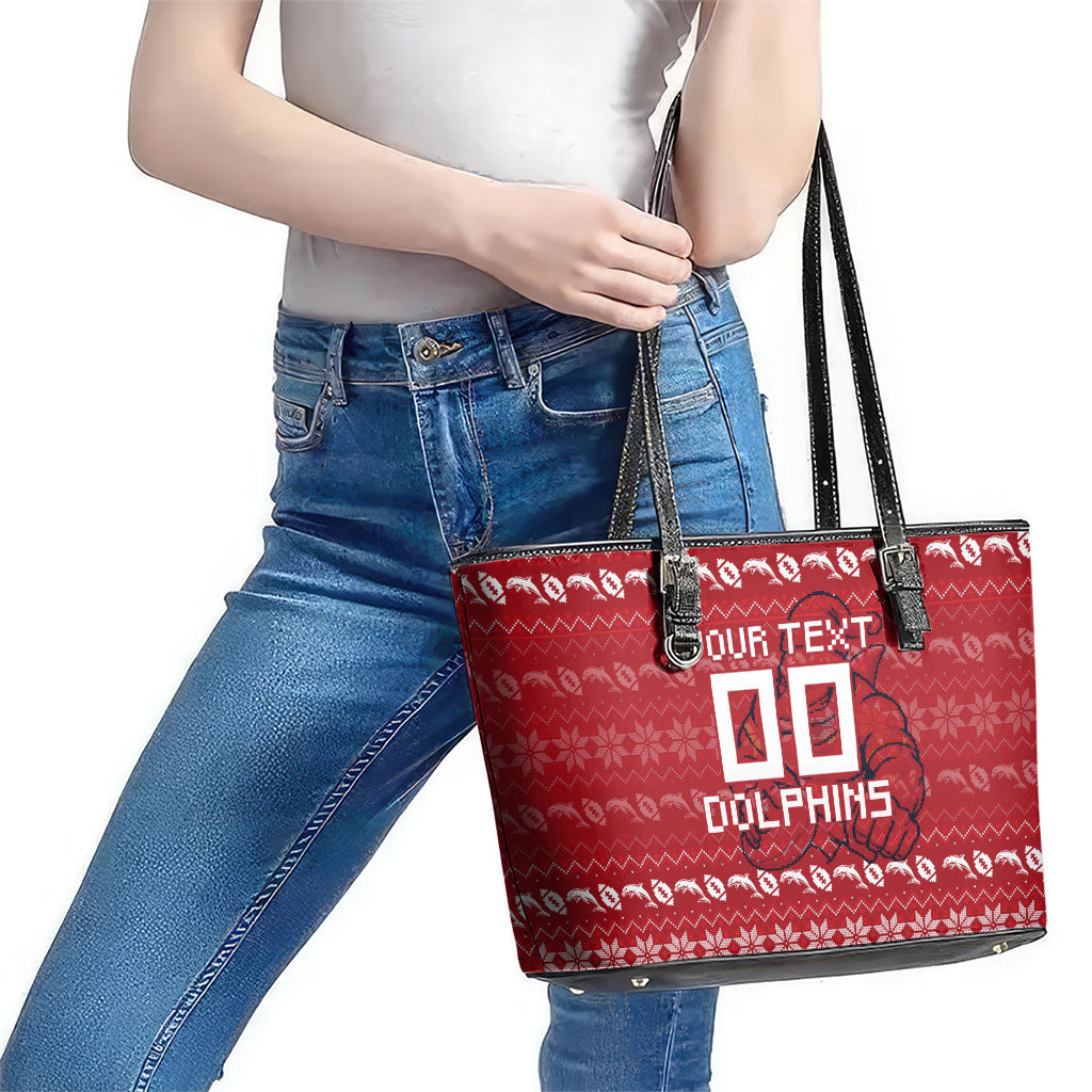 Personalized Dolphins Christmas Leather Tote Bag Australian Rugby Fans - Pixelated Ugly Xmas Pattern Mascot Santa