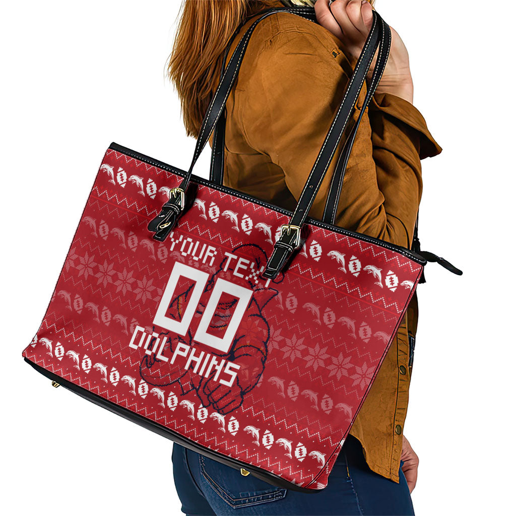 Personalized Dolphins Christmas Leather Tote Bag Australian Rugby Fans - Pixelated Ugly Xmas Pattern Mascot Santa