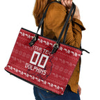 Personalized Dolphins Christmas Leather Tote Bag Australian Rugby Fans - Pixelated Ugly Xmas Pattern Mascot Santa