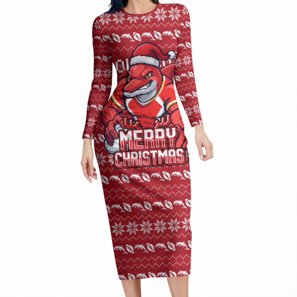 Personalized Dolphins Christmas Long Sleeve Bodycon Dress Australian Rugby Fans - Pixelated Ugly Xmas Pattern Mascot Santa