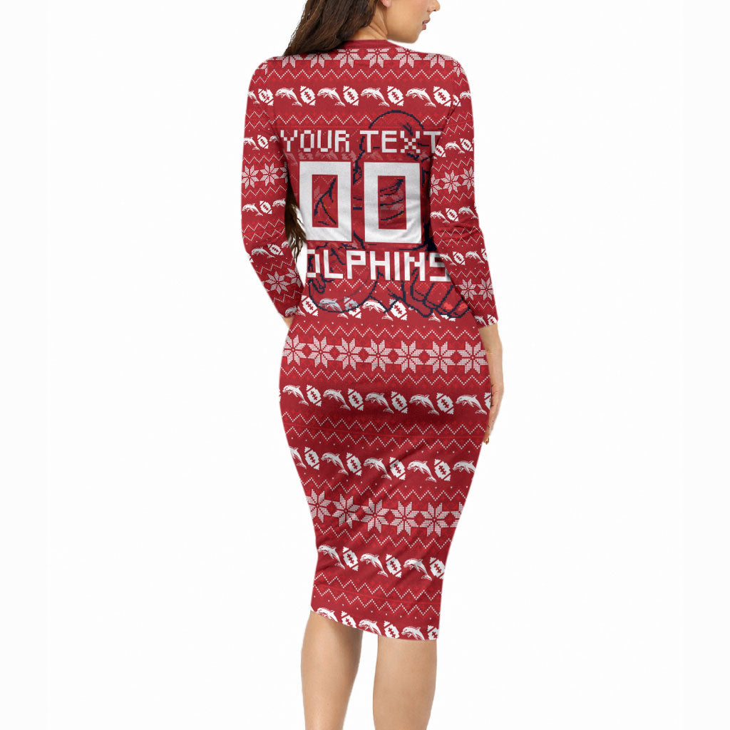 Personalized Dolphins Christmas Long Sleeve Bodycon Dress Australian Rugby Fans - Pixelated Ugly Xmas Pattern Mascot Santa