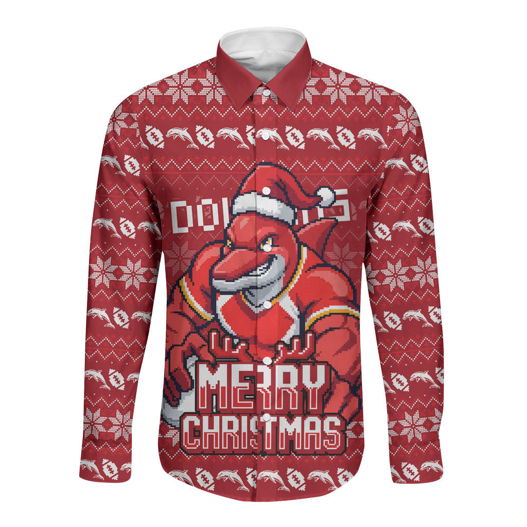 Personalized Dolphins Christmas Long Sleeve Button Shirt Australian Rugby Fans - Pixelated Ugly Xmas Pattern Mascot Santa