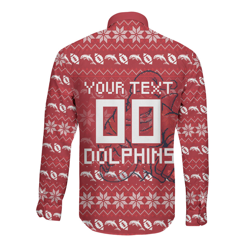 Personalized Dolphins Christmas Long Sleeve Button Shirt Australian Rugby Fans - Pixelated Ugly Xmas Pattern Mascot Santa