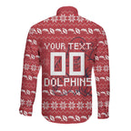 Personalized Dolphins Christmas Long Sleeve Button Shirt Australian Rugby Fans - Pixelated Ugly Xmas Pattern Mascot Santa