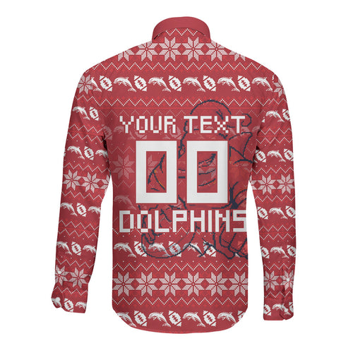 Personalized Dolphins Christmas Long Sleeve Button Shirt Australian Rugby Fans - Pixelated Ugly Xmas Pattern Mascot Santa