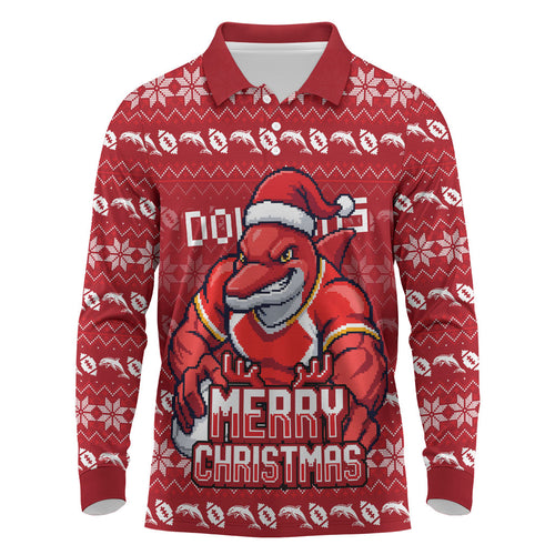 Personalized Dolphins Christmas Long Sleeve Polo Shirt Australian Rugby Fans - Pixelated Ugly Xmas Pattern Mascot Santa