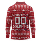 Personalized Dolphins Christmas Long Sleeve Polo Shirt Australian Rugby Fans - Pixelated Ugly Xmas Pattern Mascot Santa