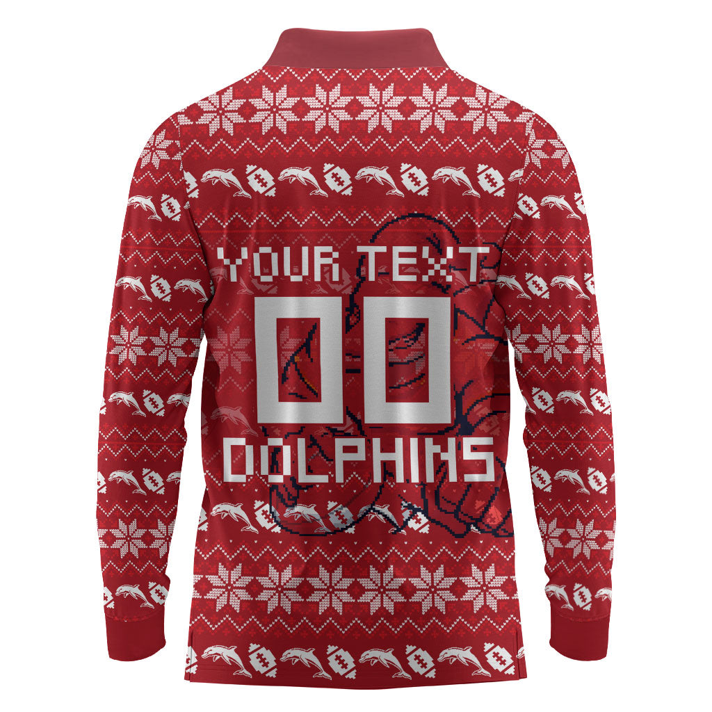 Personalized Dolphins Christmas Long Sleeve Polo Shirt Australian Rugby Fans - Pixelated Ugly Xmas Pattern Mascot Santa