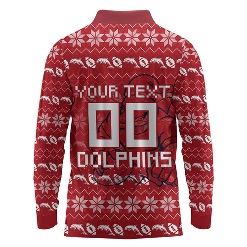 Personalized Dolphins Christmas Long Sleeve Polo Shirt Australian Rugby Fans - Pixelated Ugly Xmas Pattern Mascot Santa