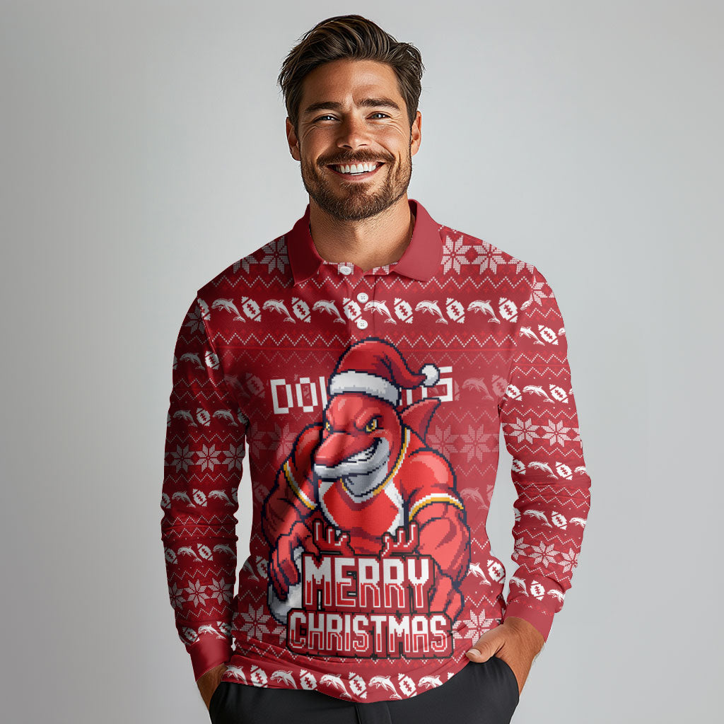 Personalized Dolphins Christmas Long Sleeve Polo Shirt Australian Rugby Fans - Pixelated Ugly Xmas Pattern Mascot Santa