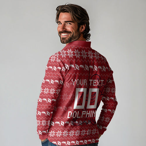 Personalized Dolphins Christmas Long Sleeve Polo Shirt Australian Rugby Fans - Pixelated Ugly Xmas Pattern Mascot Santa