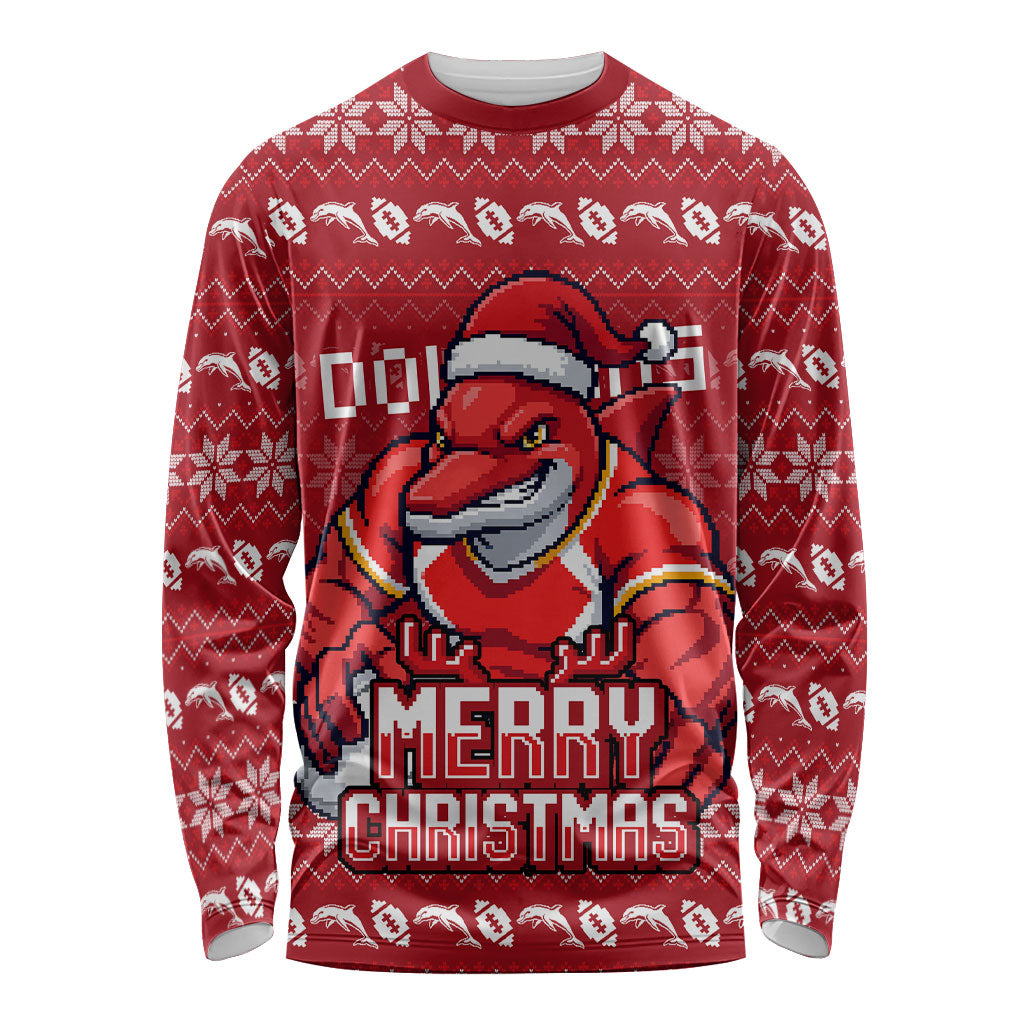 Personalized Dolphins Christmas Long Sleeve Shirt Australian Rugby Fans - Pixelated Ugly Xmas Pattern Mascot Santa