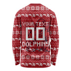 Personalized Dolphins Christmas Long Sleeve Shirt Australian Rugby Fans - Pixelated Ugly Xmas Pattern Mascot Santa