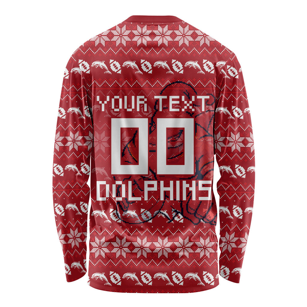 Personalized Dolphins Christmas Long Sleeve Shirt Australian Rugby Fans - Pixelated Ugly Xmas Pattern Mascot Santa