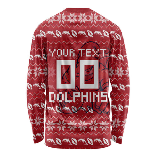 Personalized Dolphins Christmas Long Sleeve Shirt Australian Rugby Fans - Pixelated Ugly Xmas Pattern Mascot Santa