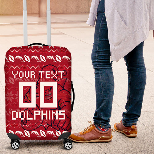 Personalized Dolphins Christmas Luggage Cover Australian Rugby Fans - Pixelated Ugly Xmas Pattern Mascot Santa
