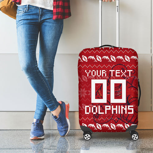 Personalized Dolphins Christmas Luggage Cover Australian Rugby Fans - Pixelated Ugly Xmas Pattern Mascot Santa