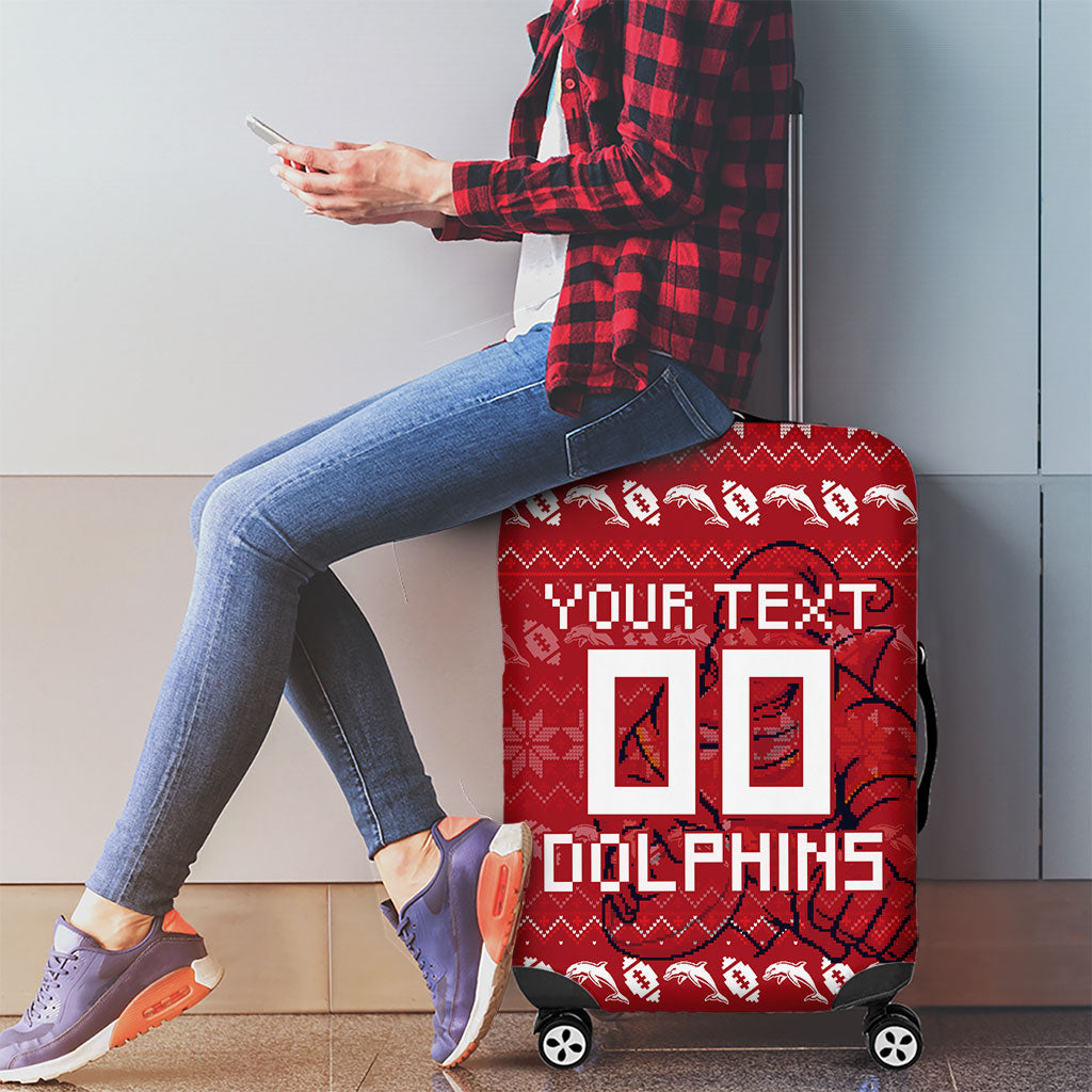 Personalized Dolphins Christmas Luggage Cover Australian Rugby Fans - Pixelated Ugly Xmas Pattern Mascot Santa