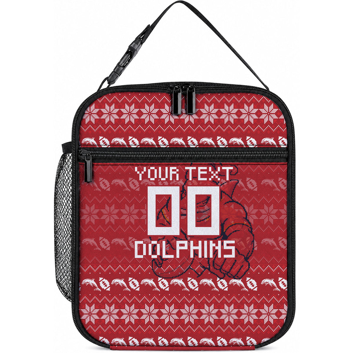 Personalized Dolphins Christmas Lunch Bag Australian Rugby Fans - Pixelated Ugly Xmas Pattern Mascot Santa