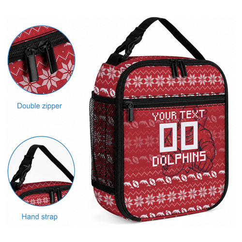 Personalized Dolphins Christmas Lunch Bag Australian Rugby Fans - Pixelated Ugly Xmas Pattern Mascot Santa