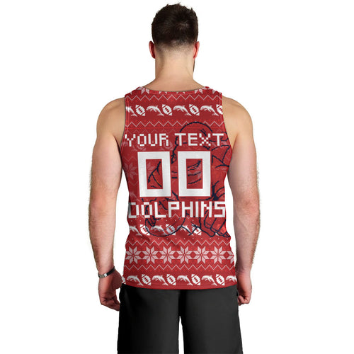 Personalized Dolphins Christmas Men Tank Top Australian Rugby Fans - Pixelated Ugly Xmas Pattern Mascot Santa