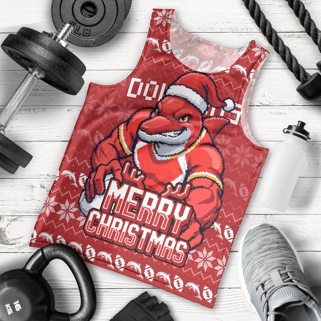 Personalized Dolphins Christmas Men Tank Top Australian Rugby Fans - Pixelated Ugly Xmas Pattern Mascot Santa